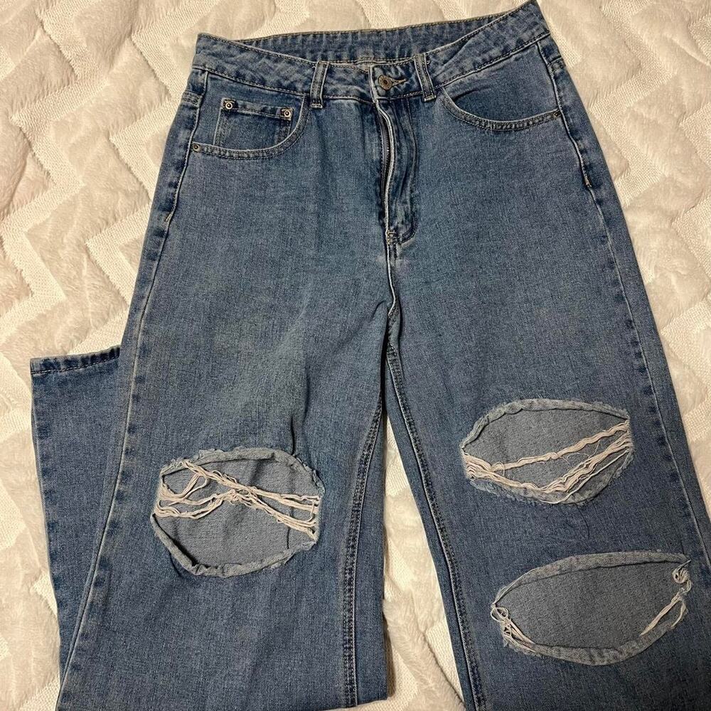 SHEIN high rise distressed blue jeans